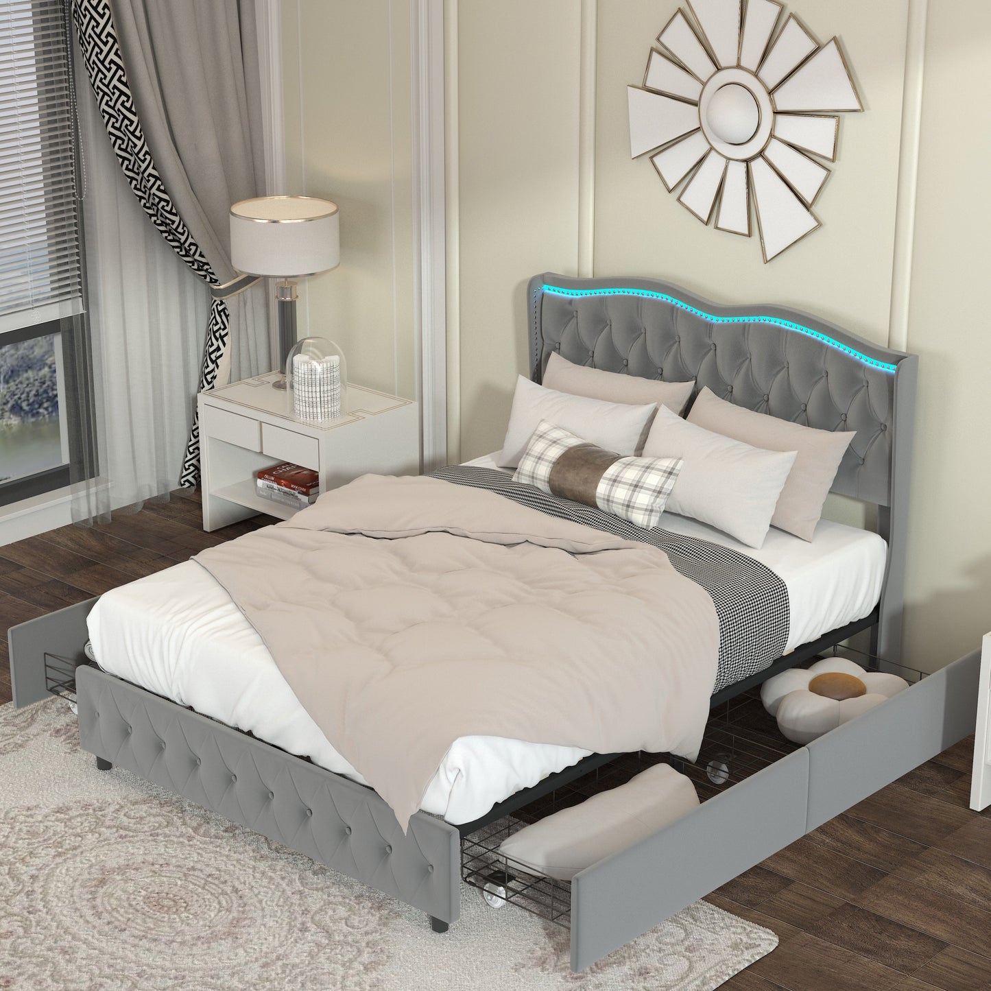 Queen Platform Bed Frame , Velvet Upholstered Bed With Deep Tufted Buttons and Nailhead Trim, Adjustable Colorful LED