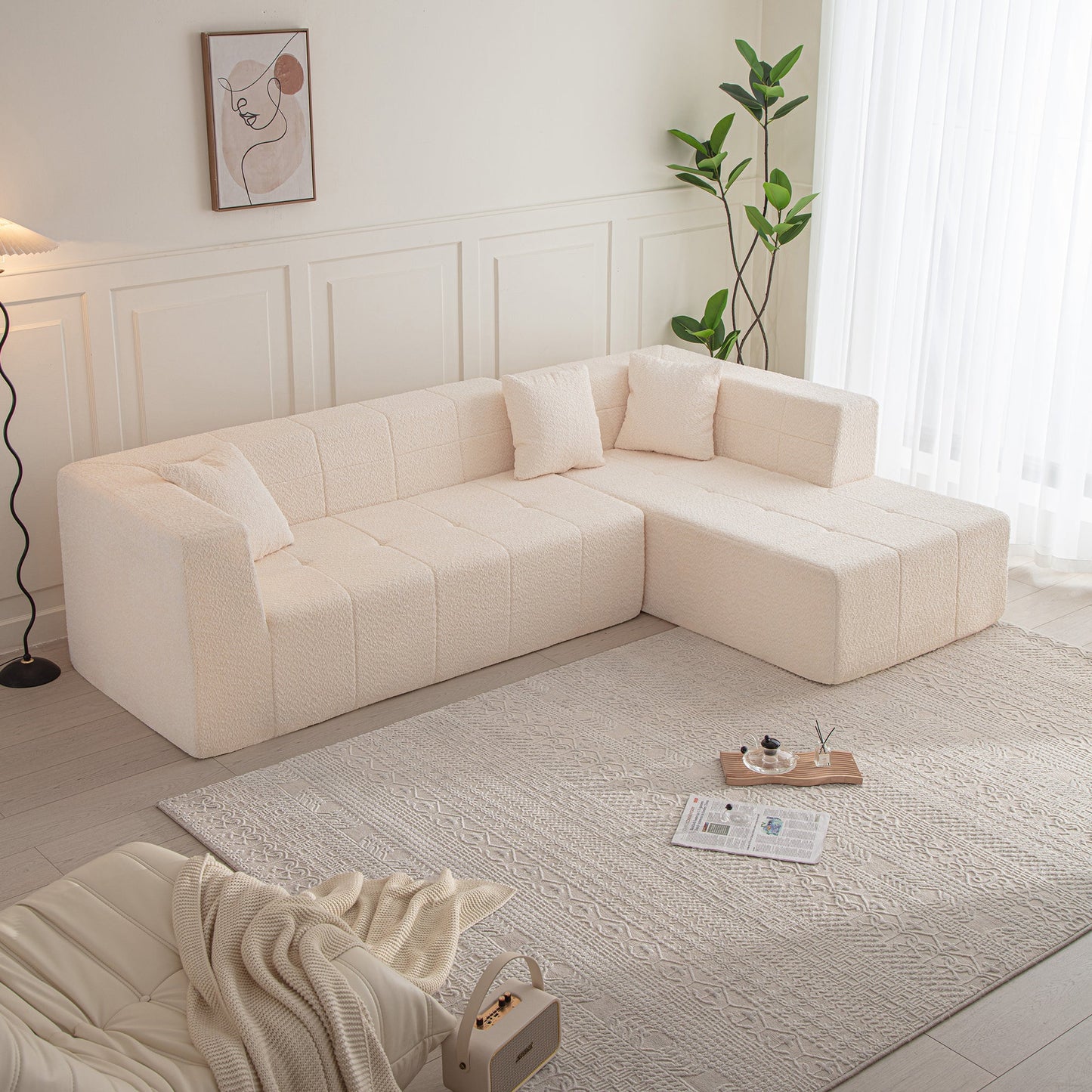 105.5" Modular L-Shaped Sectional Floor Couch, Deep Seat Tufted Comfy Sofa Set With Chaise for Living Room