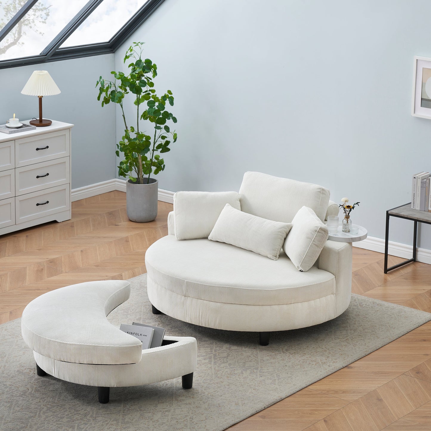 51-Inch Beige Corduroy Sofa With Two Throw Pillows and a Waist Pillow With an Extra Tray for Comfortable Seating