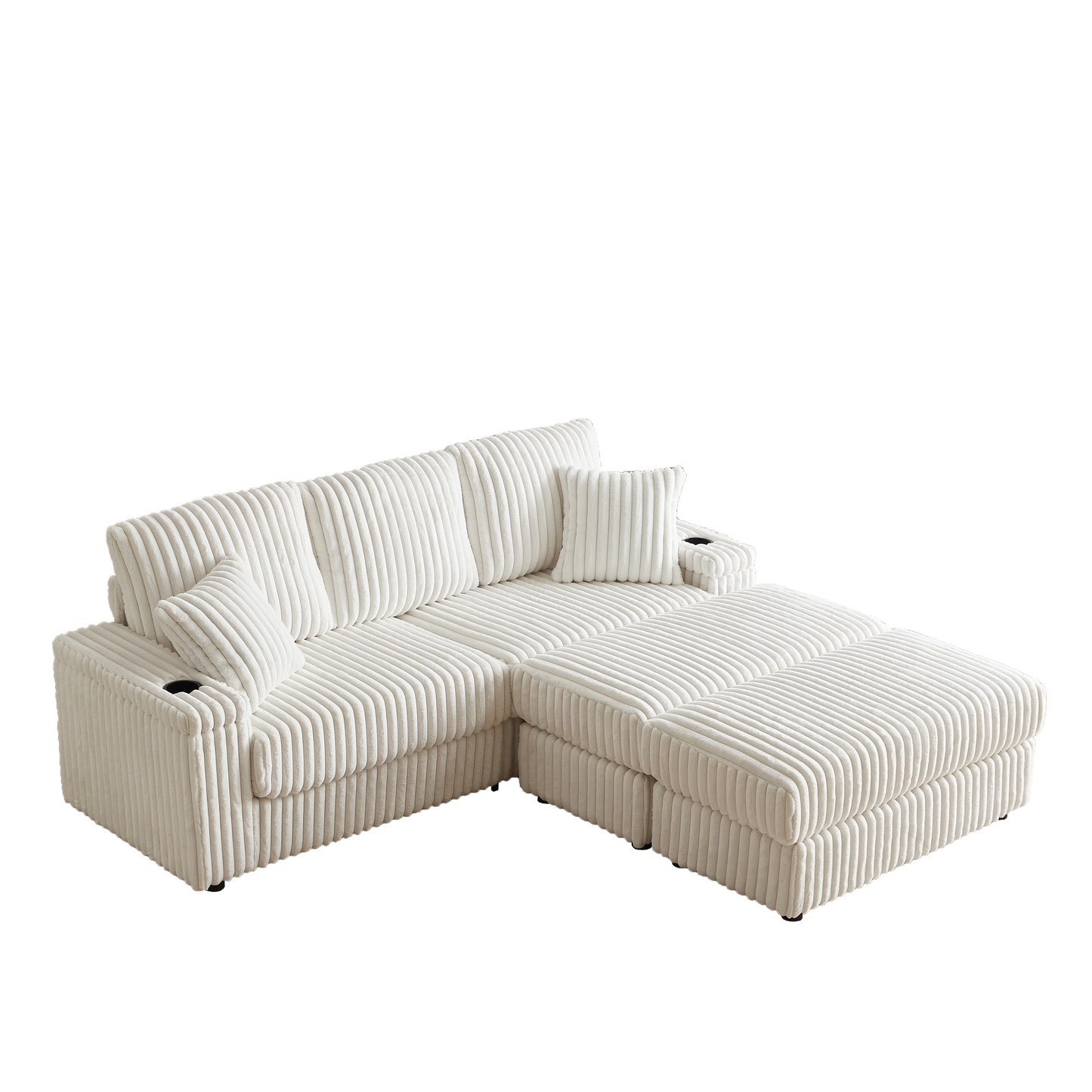 84Inch Corduroy 3-Seater Sofa With 3 Back Pillows ,2 Toss Pillows , a Ottoman ,2storage Spaces and Cup-Holding Grooves