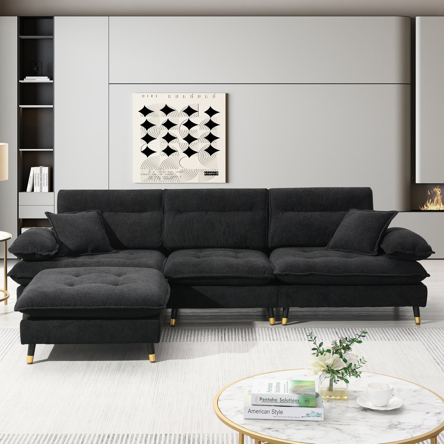 106*66.5" L Shaped Convertible Sectional Sofa,4 Seat Tufted Couch Set With Two-Tone Adjust Legs,Cloud Chenille Fabric