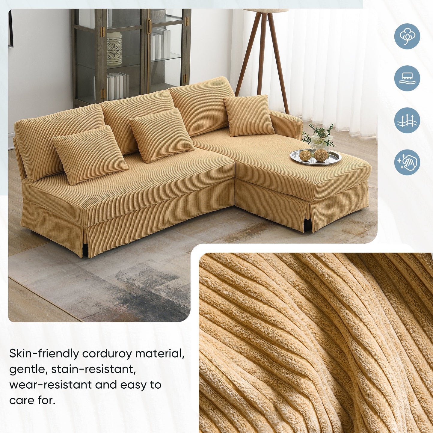 87*61"Modern L-Shaped Corduroy Sofa With Reversible Chaise,4-Seat Upholstered Sectional Indoor Furniture,Convertible