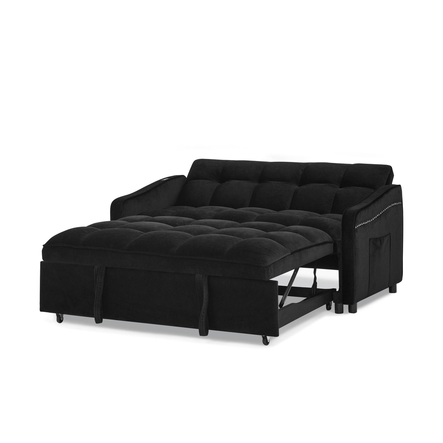 Loveseats Sofa Bed With Pull-Out Bed,Adjsutable Back and Two Arm Pocket,TypeC and USB Charging With Copper Nail,Black