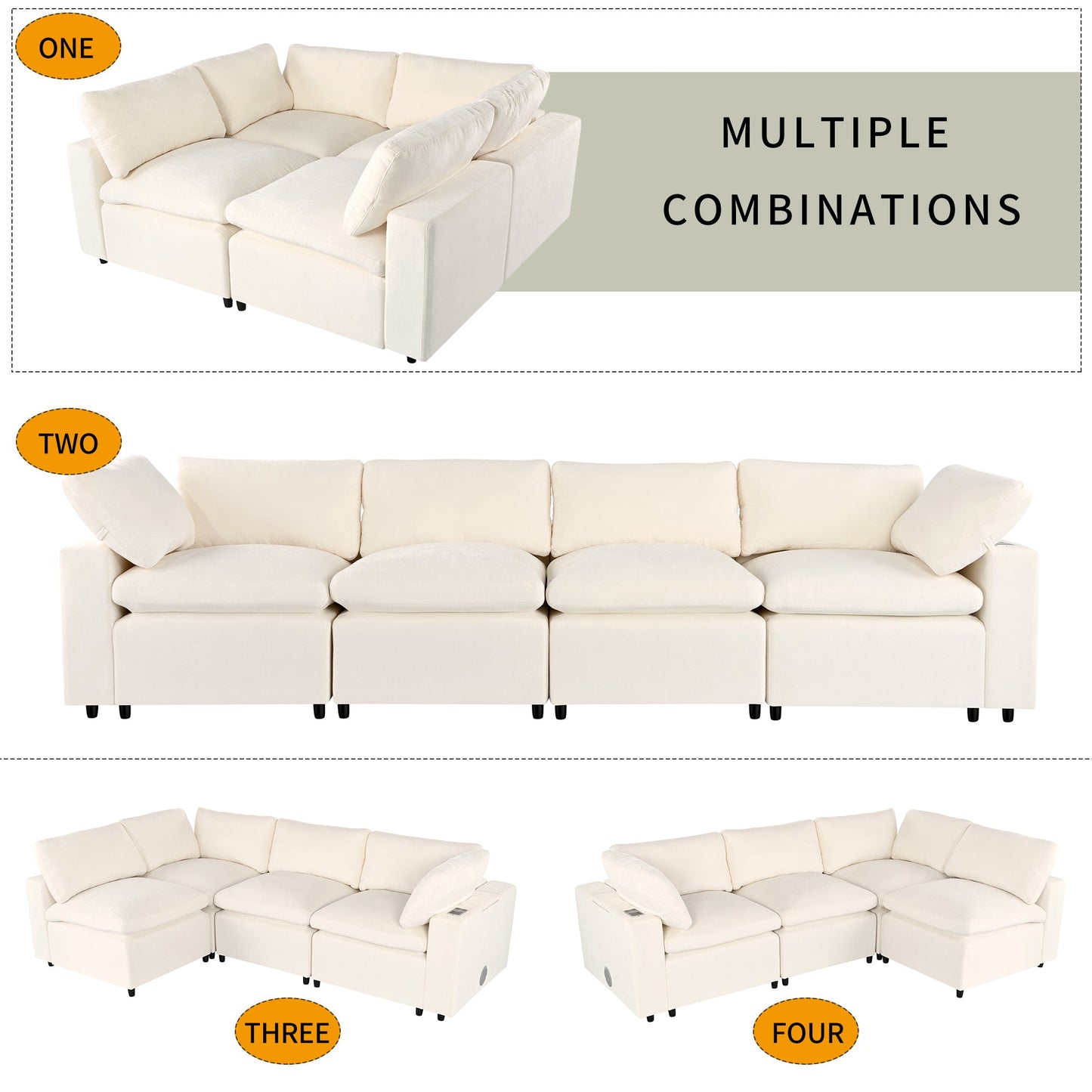 Upholstered Modular Sofa With  With Storage Space, USB Charge Ports,Wireless Charging and Built-In Bluetooth Speaker