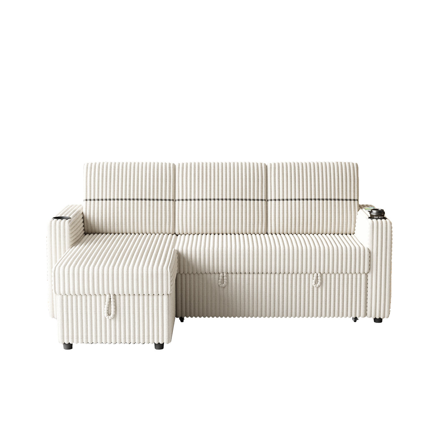 85 Inches Corduroy Sofa Bed, 3 Seater Sleeper Sofa With Storage Chaise, Square Handrail With Two Cup-Holder and USB Charger