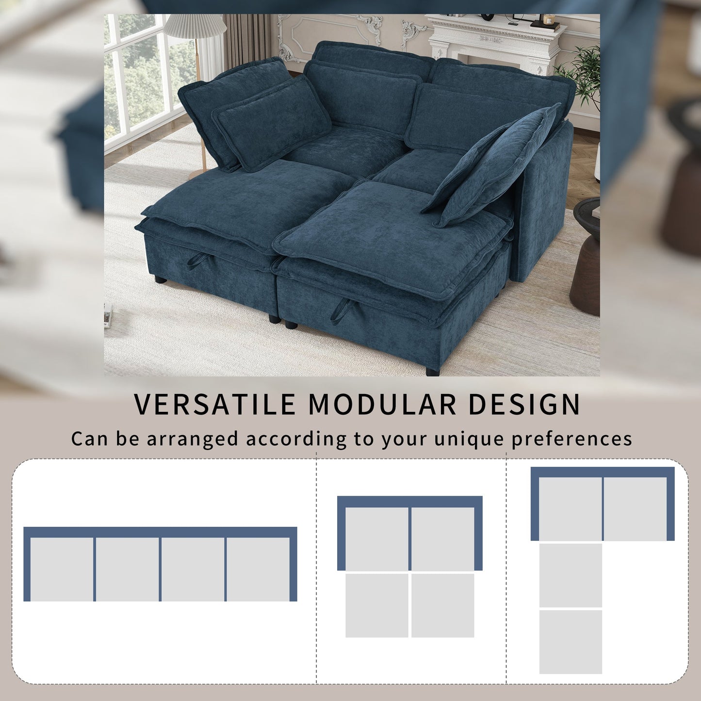 Double-Layer Cushion Modular Sofa, Freely Combinable, 4-Seater With Storage Function, Includes 4 Soft Cushions, Perfect