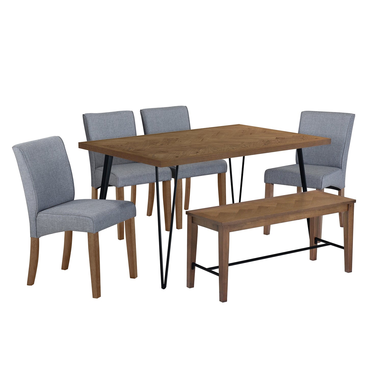 Modern 6-Piece Dining Table Set With V-Shape Metal Legs, Wood Kitchen Table Set With 4 Upholstered Chairs and Bench