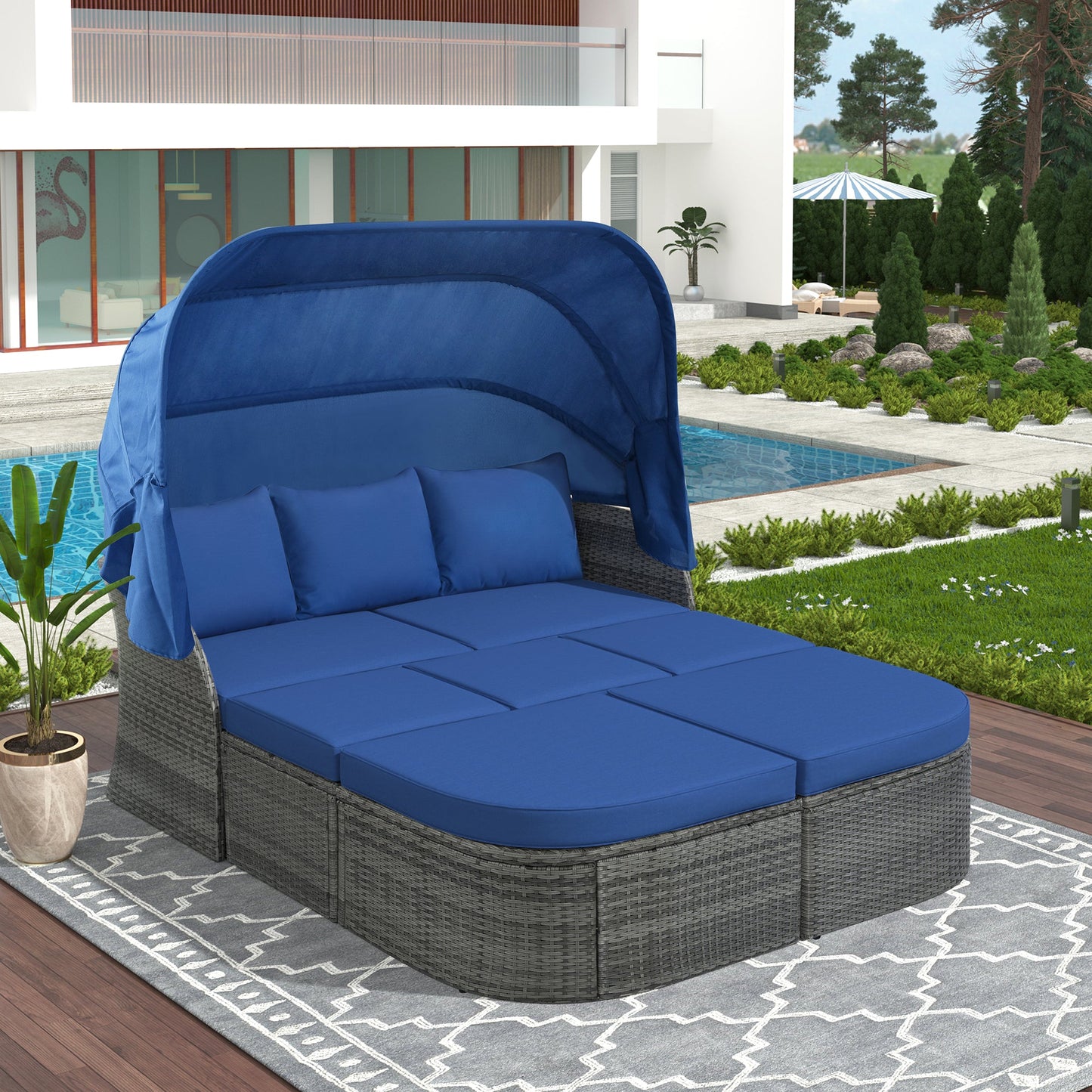 Outdoor Patio Furniture Set Daybed Sunbed With Retractable Canopy Conversation Set Wicker Furniture