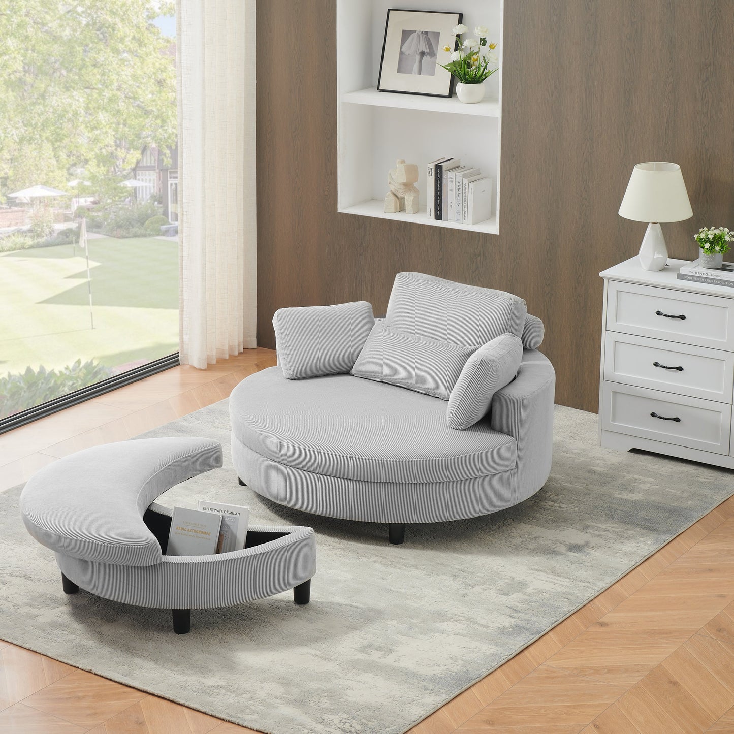 51-Inch Gray Corduroy Sofa With Two Throw Pillows and a Waist Pillow With an Extra Tray for Comfortable Seating