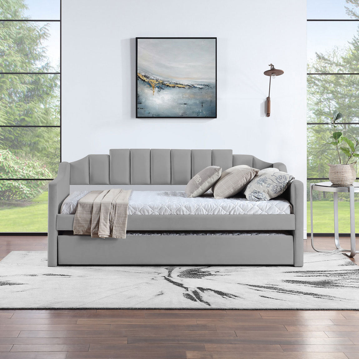 Velvet Daybed With Trundle Upholstered Tufted Sofa Bed,  Both Twin Size, Grey