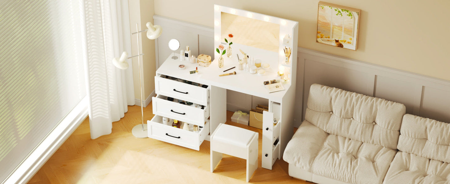 55.2" Vanity Desk With Freely Adjustable Side Cabinet, Makeup Vanity With Hollywood Lights, 5 Storage Drawers & 2-Shelve