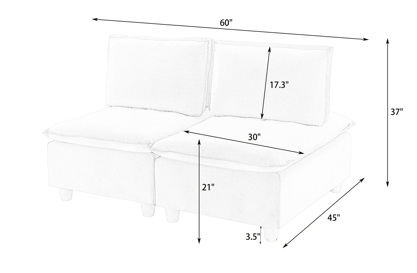 58-Inch Double-Seat Sofa in Pumpkin-Colored Flannel With a Straight-Row Design, Featuring a Fashionable and Minimalist