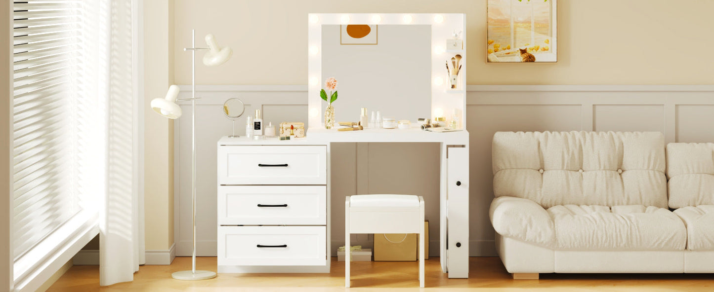 55.2" Vanity Desk With Freely Adjustable Side Cabinet, Makeup Vanity With Hollywood Lights, 5 Storage Drawers & 2-Shelve