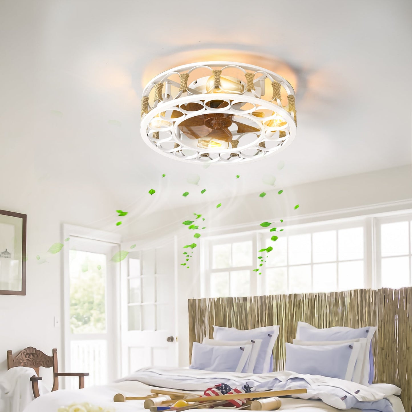 Caged Ceiling Fan With Lights Remote Control,Semi -Embedded Modern Ceiling Fans, 6 Speeds Reversible Blades, 4 LED Bulbs
