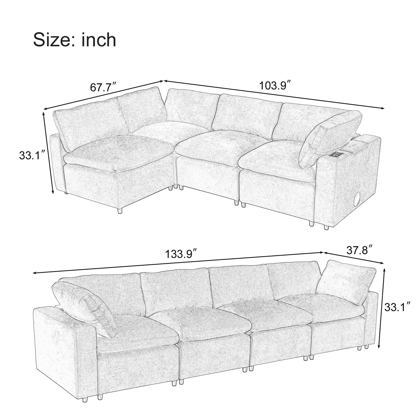 Upholstered Modular Sofa With  With Storage Space, USB Charge Ports,Wireless Charging and Built-In Bluetooth Speaker
