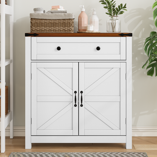 Farmhouse Storage Cabinet With Drawer and Adjustable Shelf, White Kitchen Cabinet With Walnut Countertop