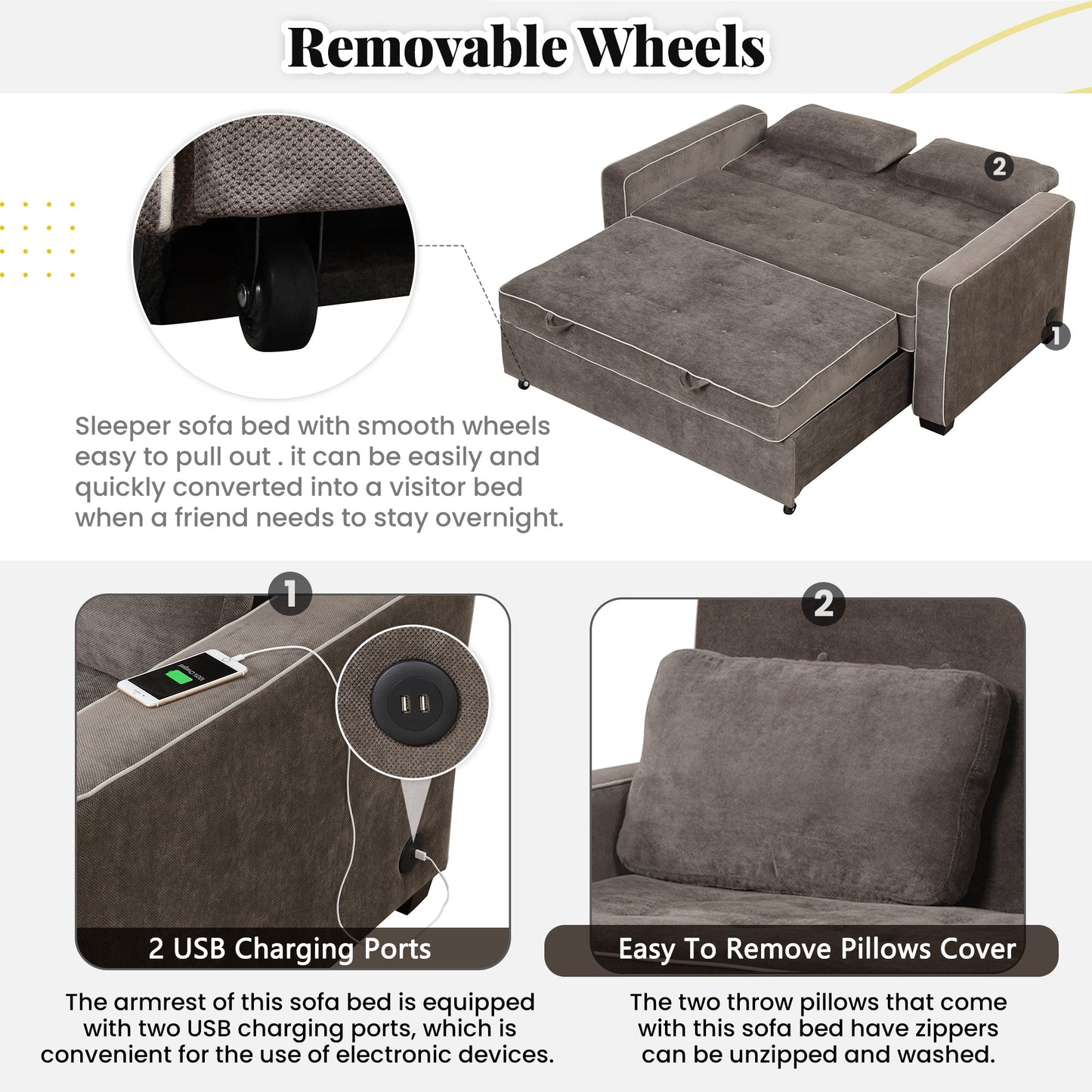 65.7" Linen Upholstered Sleeper Bed , Pull Out Sofa Bed Couch Attached Two Throw Pillows,Dual USB Charging Port