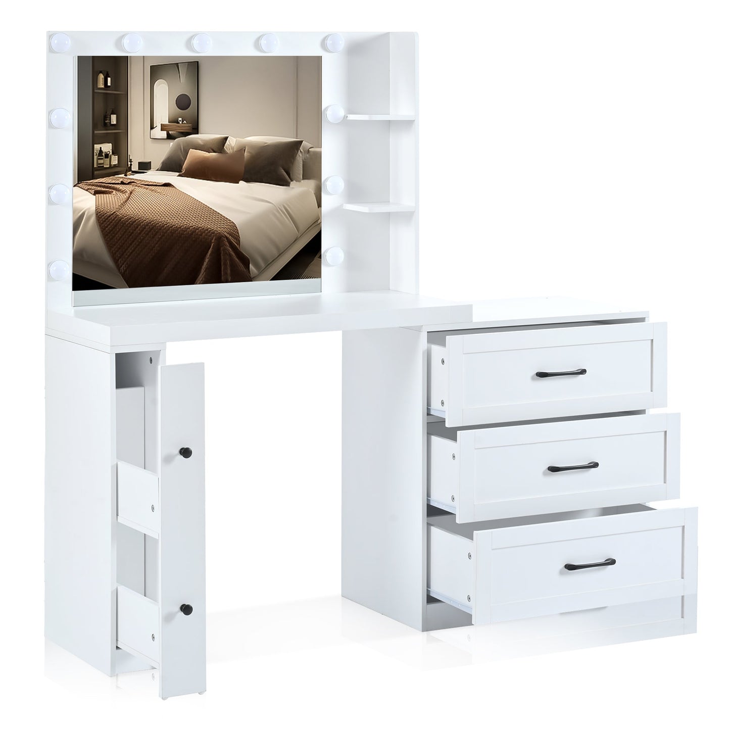55.2" Vanity Desk With Freely Adjustable Side Cabinet, Makeup Vanity With Hollywood Lights, 5 Storage Drawers & 2-Shelve