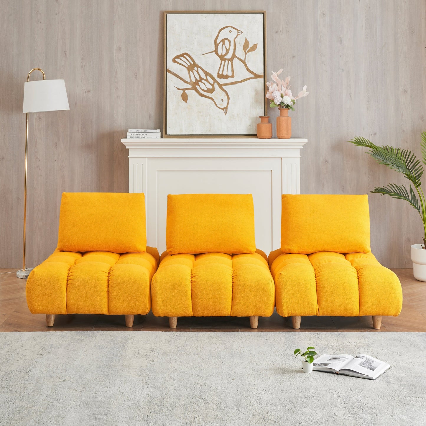 90 Inches Long, Teddy Sofa Fabric, With Spacious and Comfortable Seats, for Apartment Office Living Room -Yellow