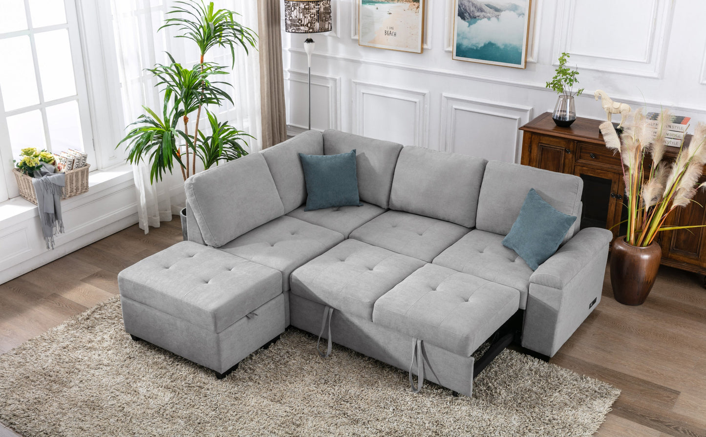 Sleeper Sectional Sofa, L-Shape Corner Couch Sofa-Bed With Storage Ottoman