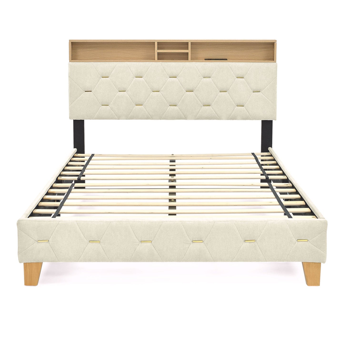 Queen Size Bed Frame, Shelf Upholstered Headboard, Platform Bed With Outlet & USB Ports, Wood Legs, No Box Spring Needed