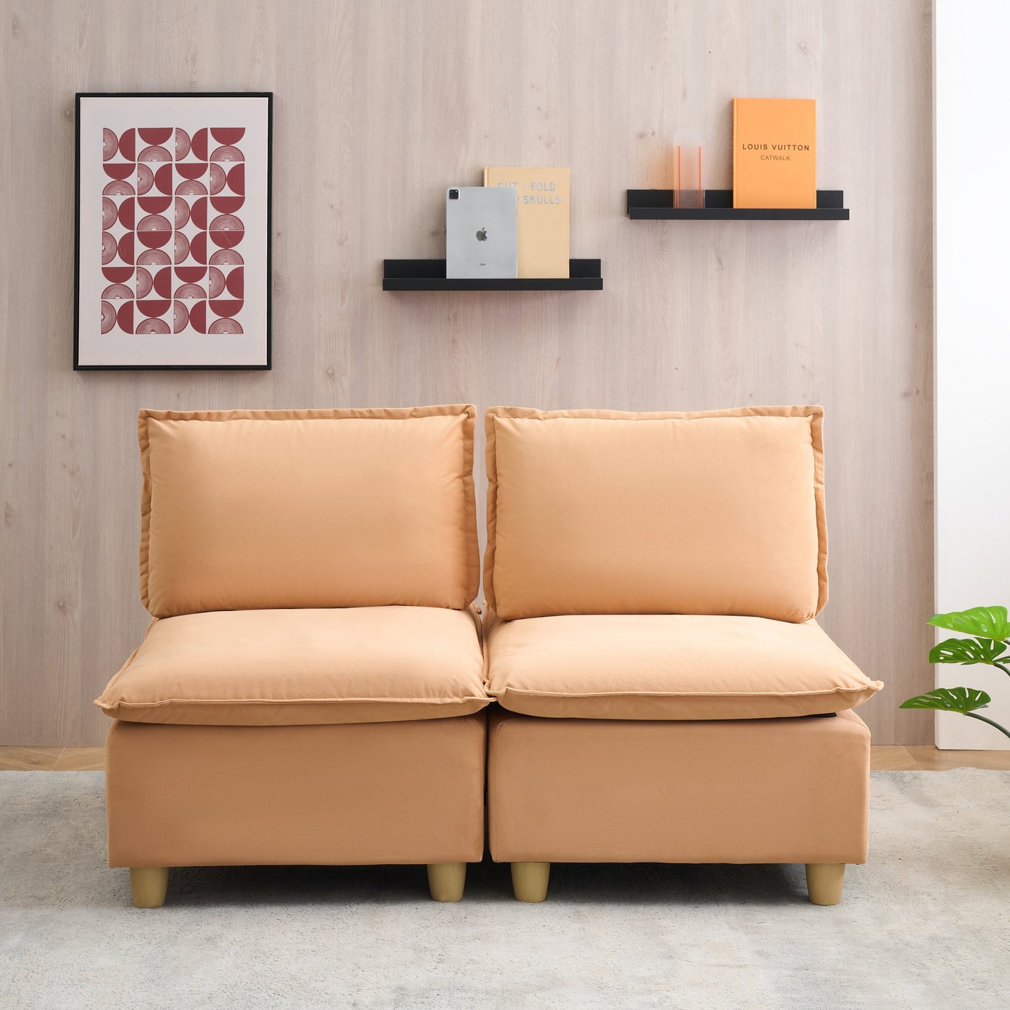 58-Inch Double-Seat Sofa in Pumpkin-Colored Flannel With a Straight-Row Design, Featuring a Fashionable and Minimalist