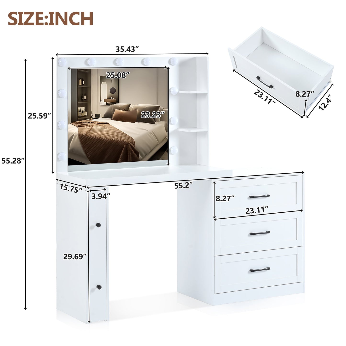 55.2" Vanity Desk With Freely Adjustable Side Cabinet, Makeup Vanity With Hollywood Lights, 5 Storage Drawers & 2-Shelve