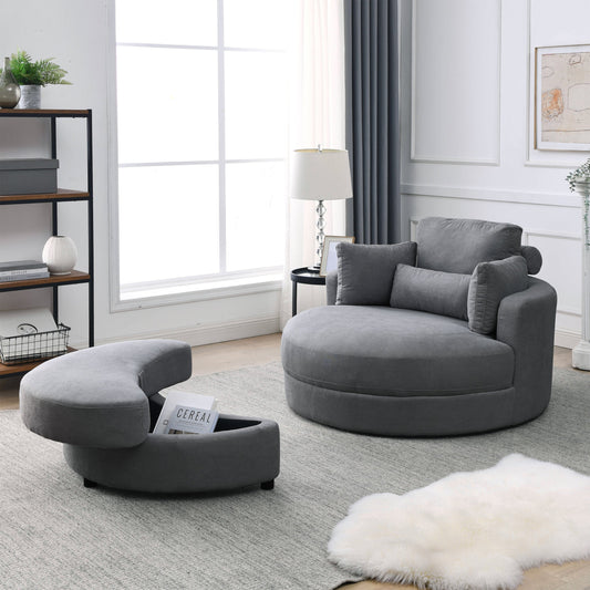 Swivel Accent Barrel Modern Dark Grey Sofa Lounge Club Big Round Chair With Storage Ottoman Linen Fabric for Living Room
