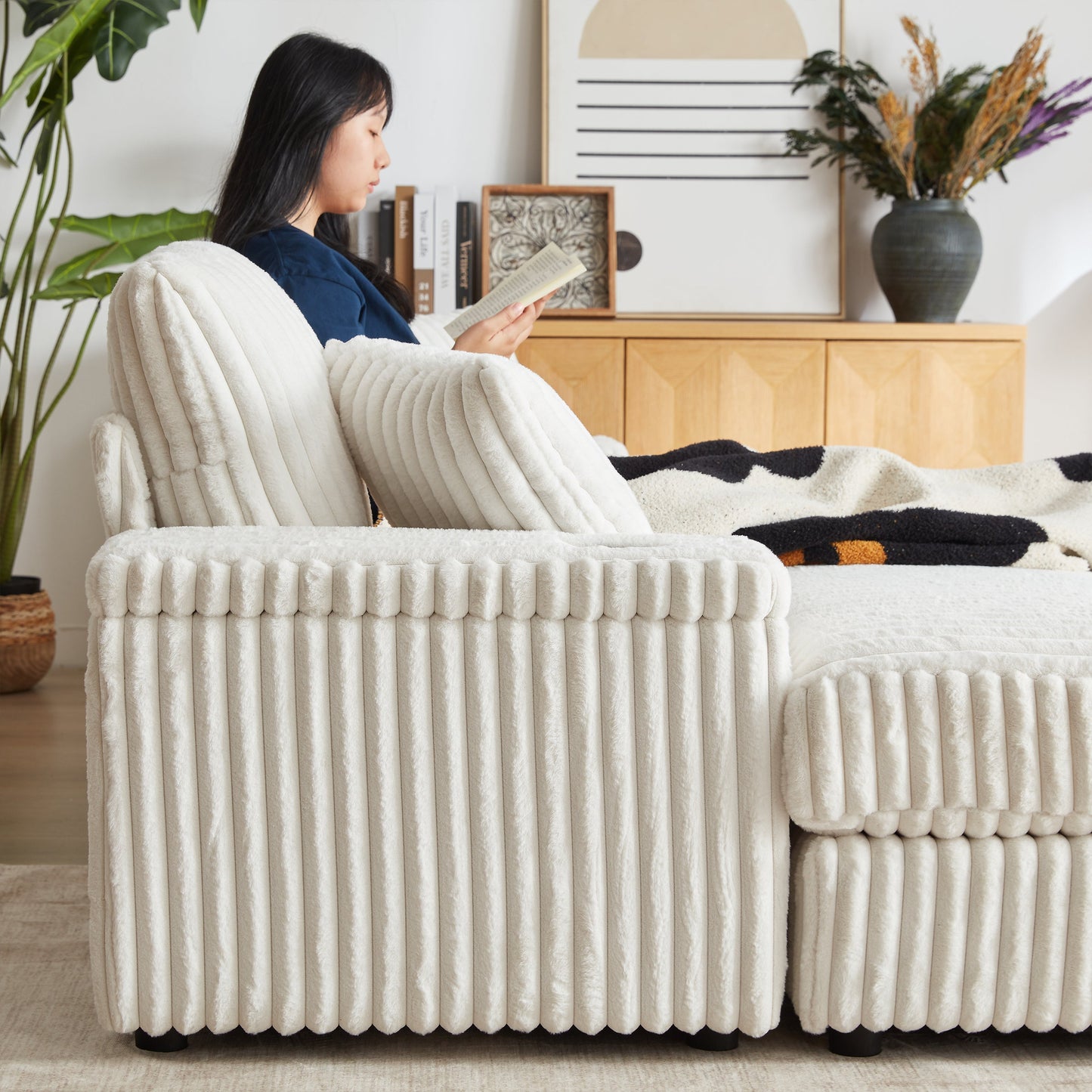 84Inch Corduroy 3-Seater Sofa With 3 Back Pillows ,2 Toss Pillows , a Ottoman ,2storage Spaces and Cup-Holding Grooves