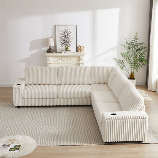 110-Inch Oversized Corduroy Corner Sofa,L Shaped Corner Couch With Two Storage Spaces,USB Port & T-Pyce Port and Cup-Holder