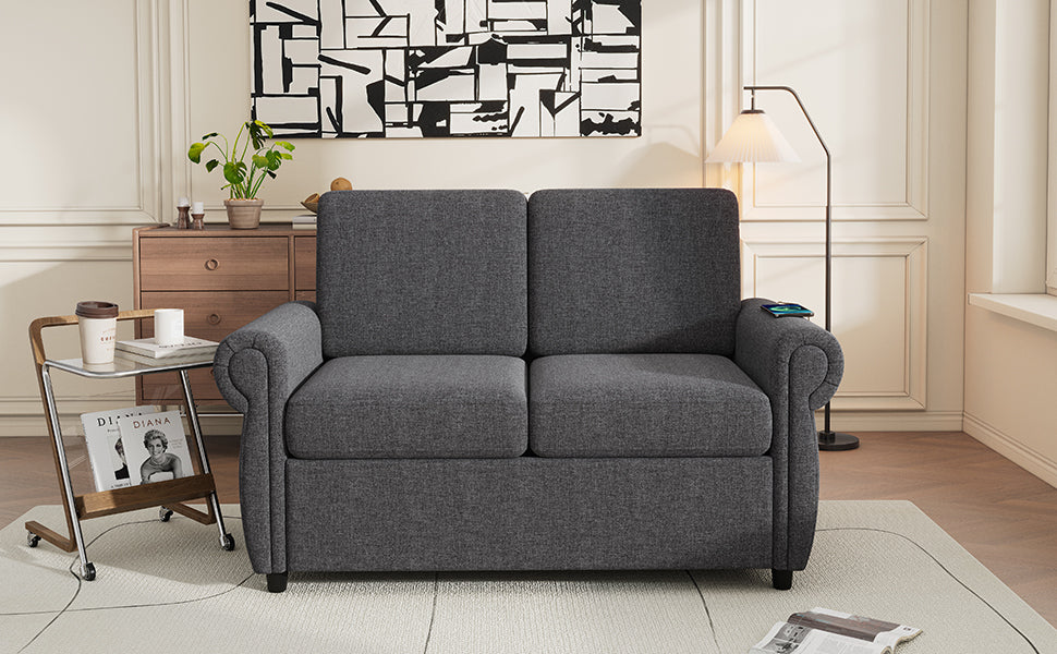 57.9" Pull Out Sofa Bed  Loveseat Sleeper With Twin Size Memory Mattress With Two USB Ports for Living Room Spaces