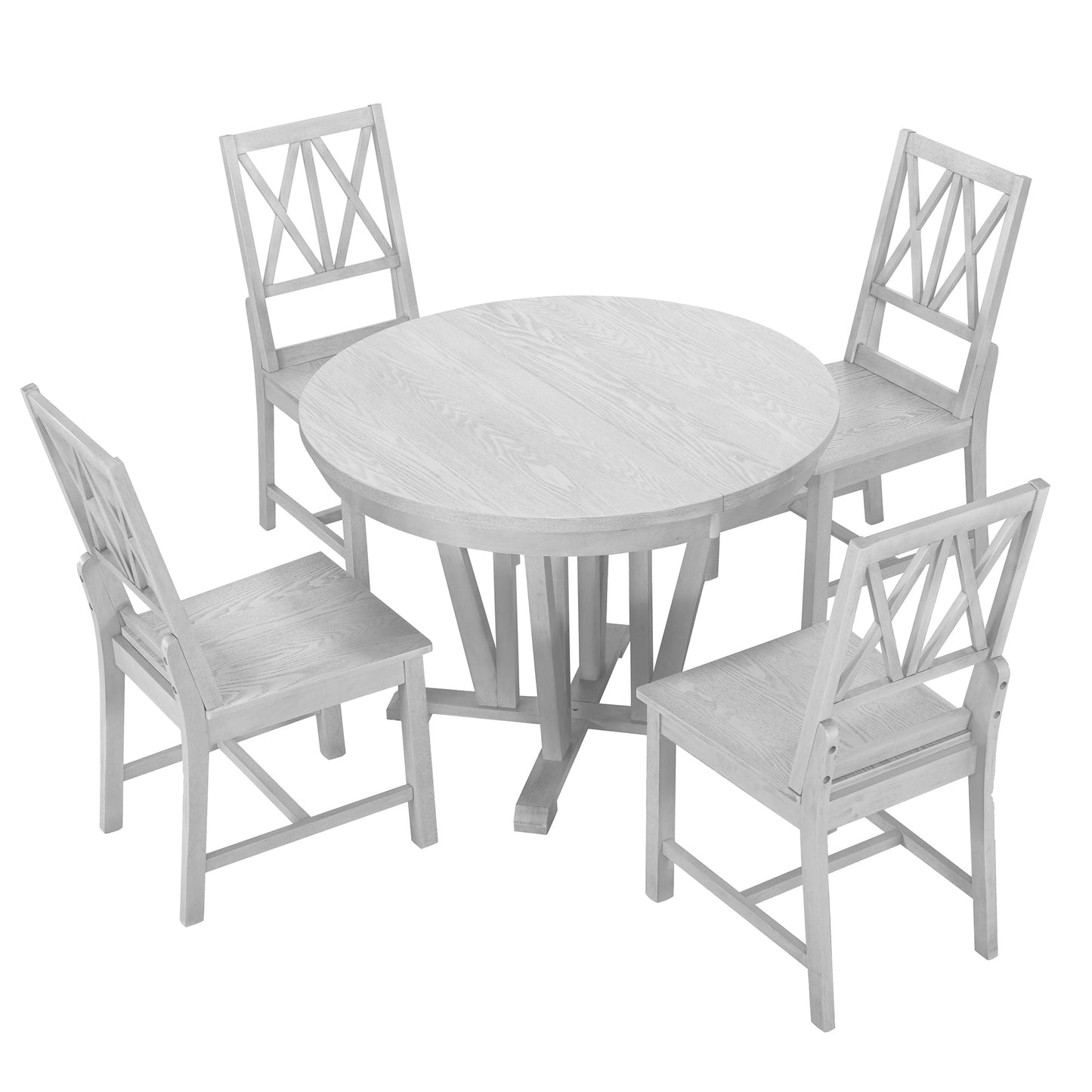 Rustic 5-Piece Extendable Dining Table Set Round Trestle Table and 4 Cross Back Dining Chairs for Kitchen, Dining Room