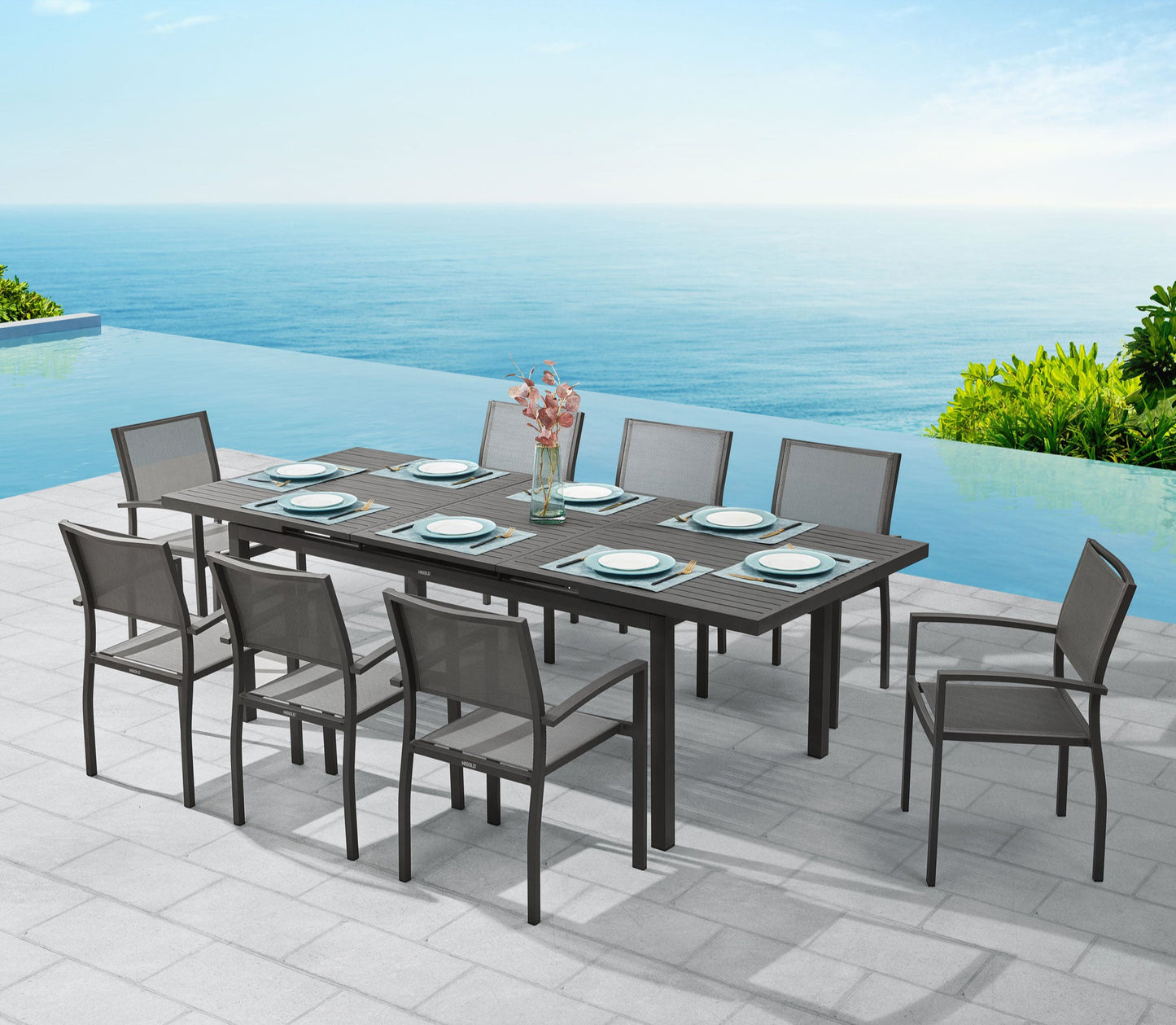 Heck 9 Pieces Extendable Outdoor Patio Dining Set for Eight Person, Charcoal Black Aluminum