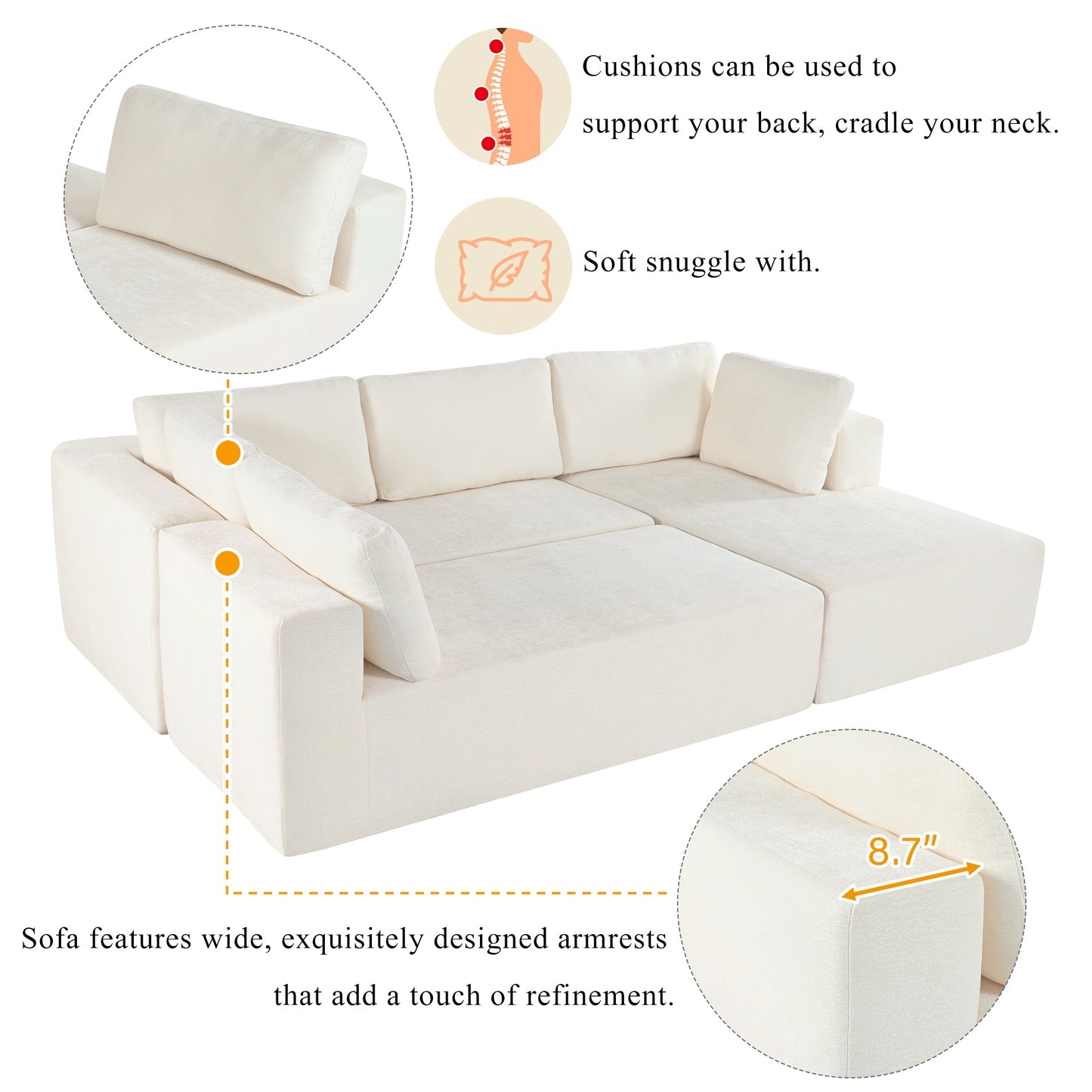Modern Large Modular Sectional Sofa for Living Room, Bedroom, Salon, 3 Piece Free Combination