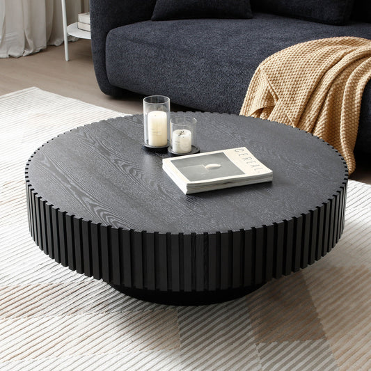 31.49'' Nesting Round Wood Coffee Table for Apartment, Modern Living Room Coffee Table With Sturdy Pedestal ,BLACK