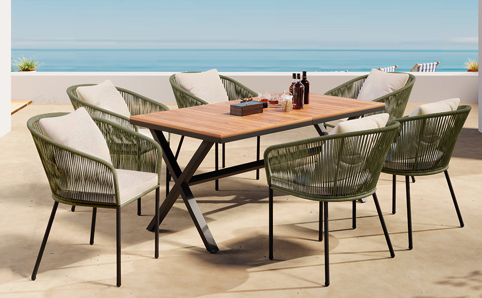 7 Pieces Patio Dining Set, All-Weather Outdoor Furniture Set With Dining Table and Chairs, Acacia Wood Tabletop