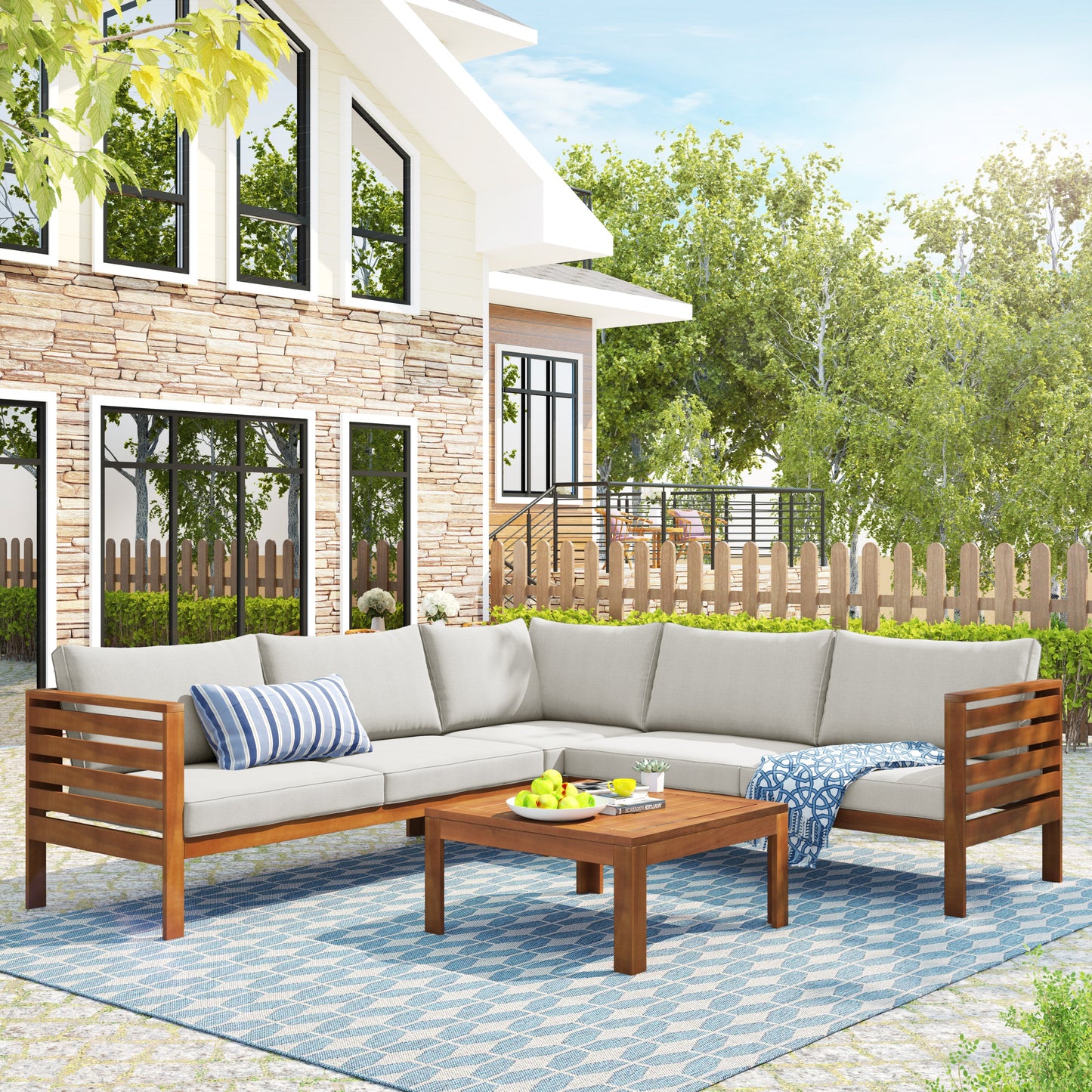 Wood Structure Outdoor Sofa Set With Beige Cushions Exotic Design Water-Resistant and UV Protected Texture High Quality