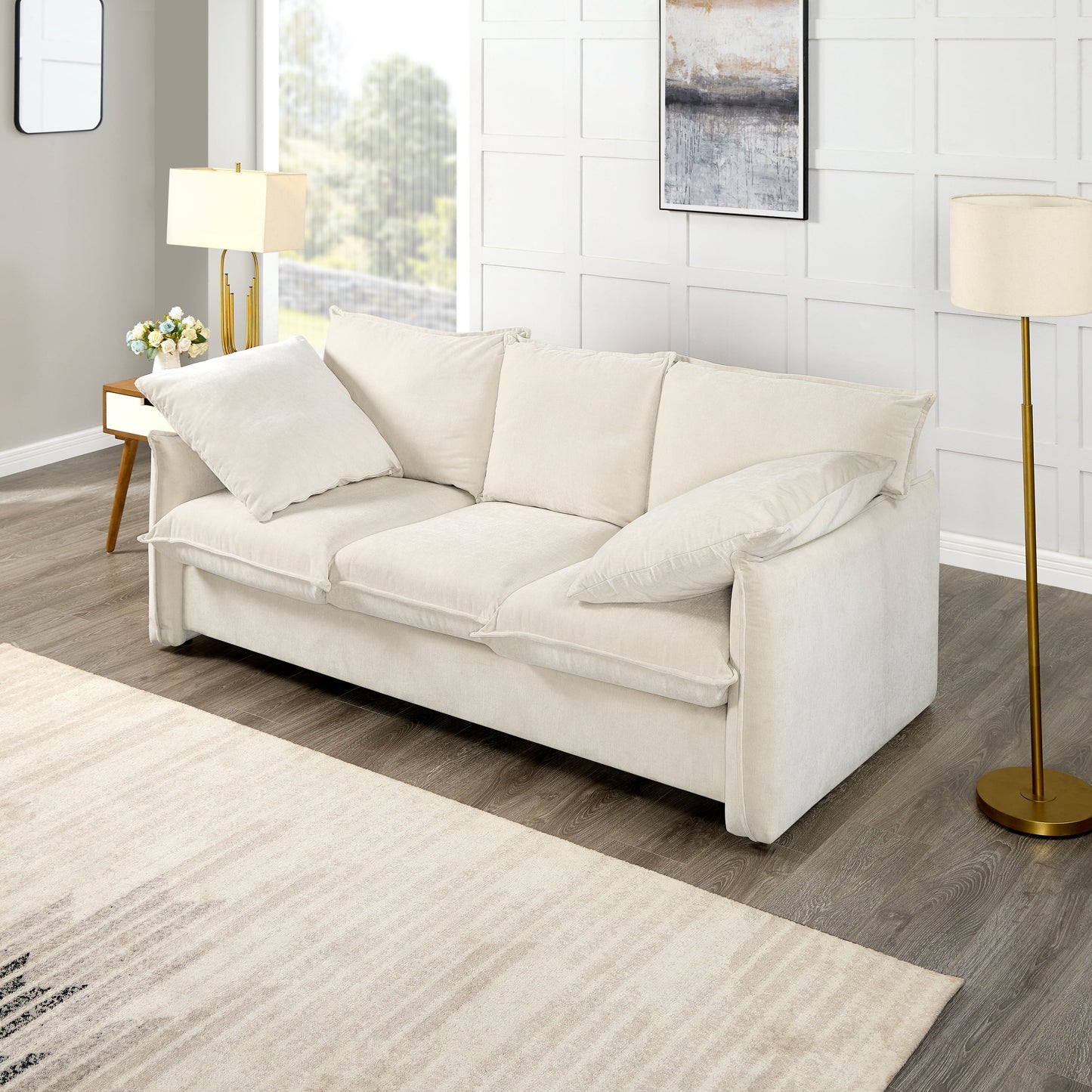Mid-Century Sofa 3 Seater Cozy Couch for Living Room Apartment Lounge Bedroom, Beige