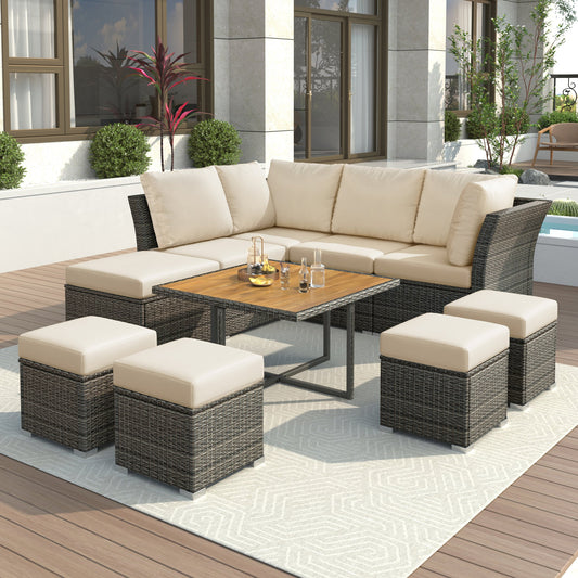 Patio Furniture Set, 10 Piece Outdoor Conversation Set, CoffeeTable With Ottomans, Solid Wood Coffee Table