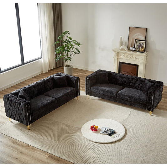 Chenille Pull Buckle Design Sofa for Living Room,Buttons Tufted With Copper Nail Decoration Armrest, Modern Couch