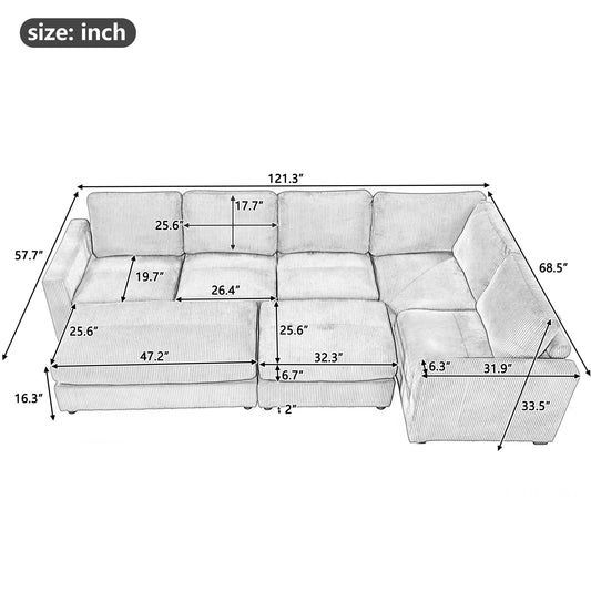 121.3" Sectional Couch Sofa Bed Modular Sofa With Two Movable Ottomans for Living Room, Beige