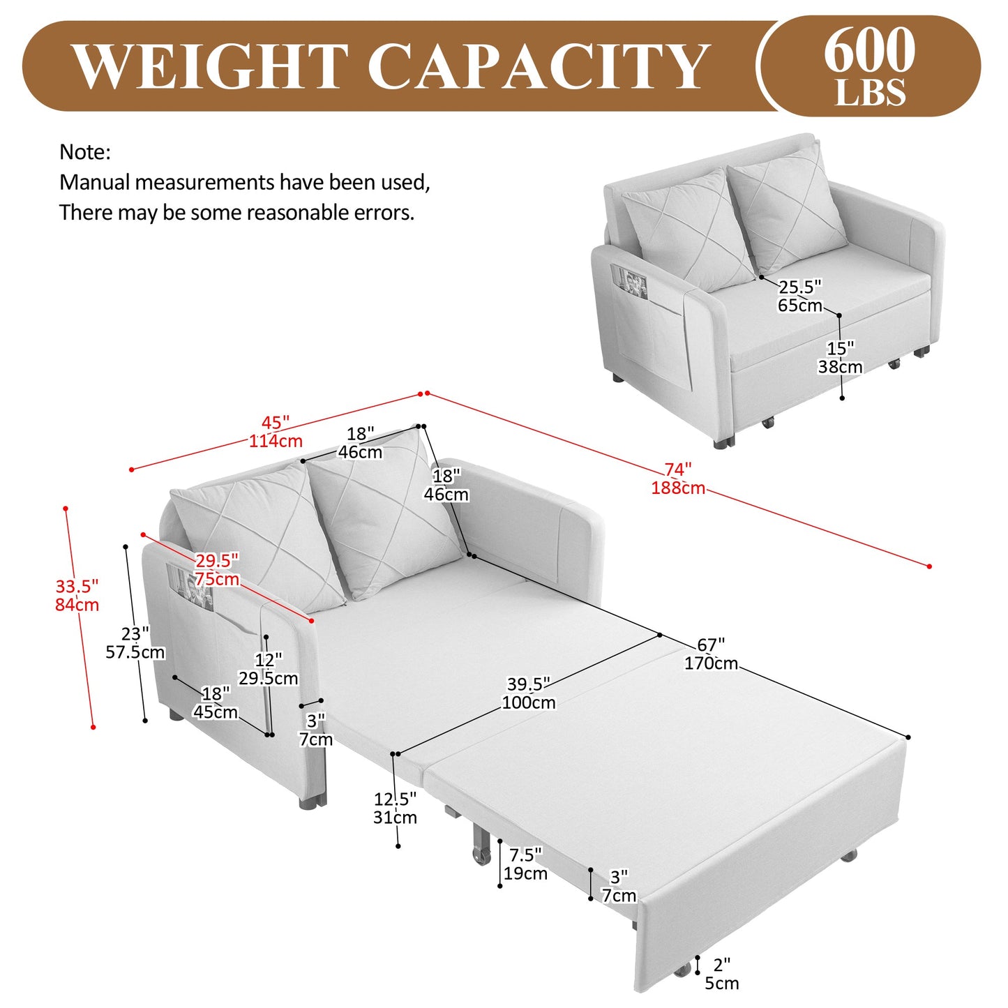 Modern Love Seat Futon Sofa Bed With Headboard,Linen Love Seat Couch,Pull Out Sofa Bed With 2 Pillows & 2 Sides Pockets