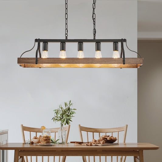 33.7-Inch Black and Faux Wood Grain Pendant Light, 5 E26 Bulb Sockets, Adjustable Chain Height – Modern Farmhouse Chande