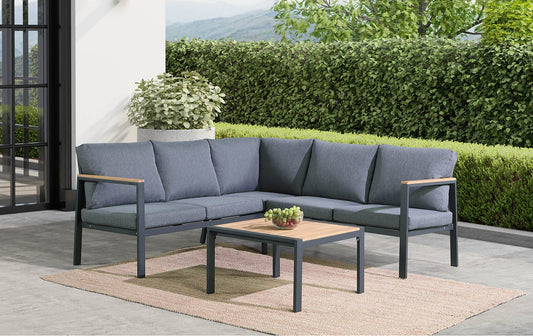 Rossio Outdoor 4 Piece Sectional Sofa,Matte Charcoal Aluminum Frame,Teak Finished