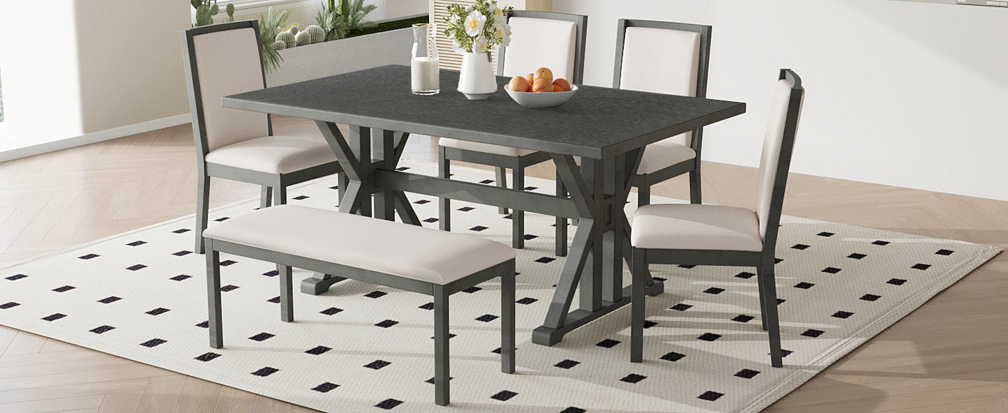 Farmhouse Classical 6-Piece Dining Table Set With Trestle Legs,Kitchen Table Set for 6 With 4 Upholstered Dining Chairs