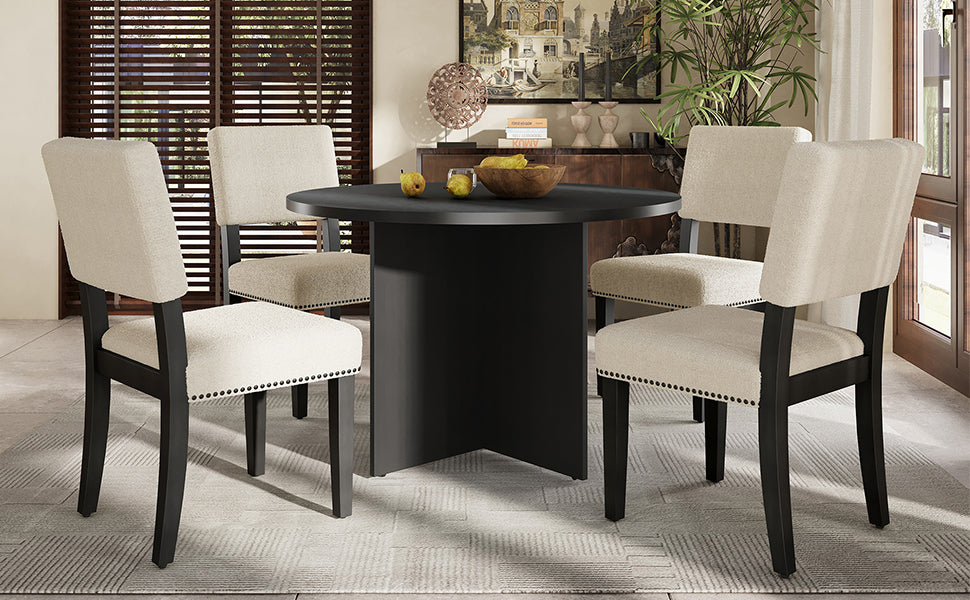 Modern 5-Piece Round Dining Table Set Pedestal Kitchen Table Set With 4 Upholstered Dining Chairs