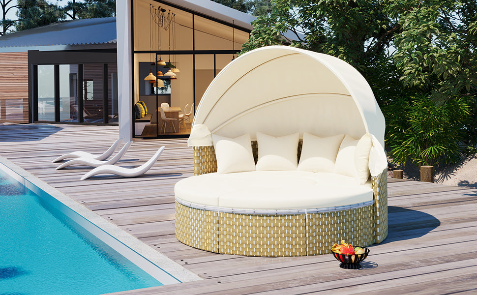 Patio Furniture Round Outdoor Sectional Sofa Set Rattan Daybed Two-Tone Weave Sunbed With Retractable Canopy