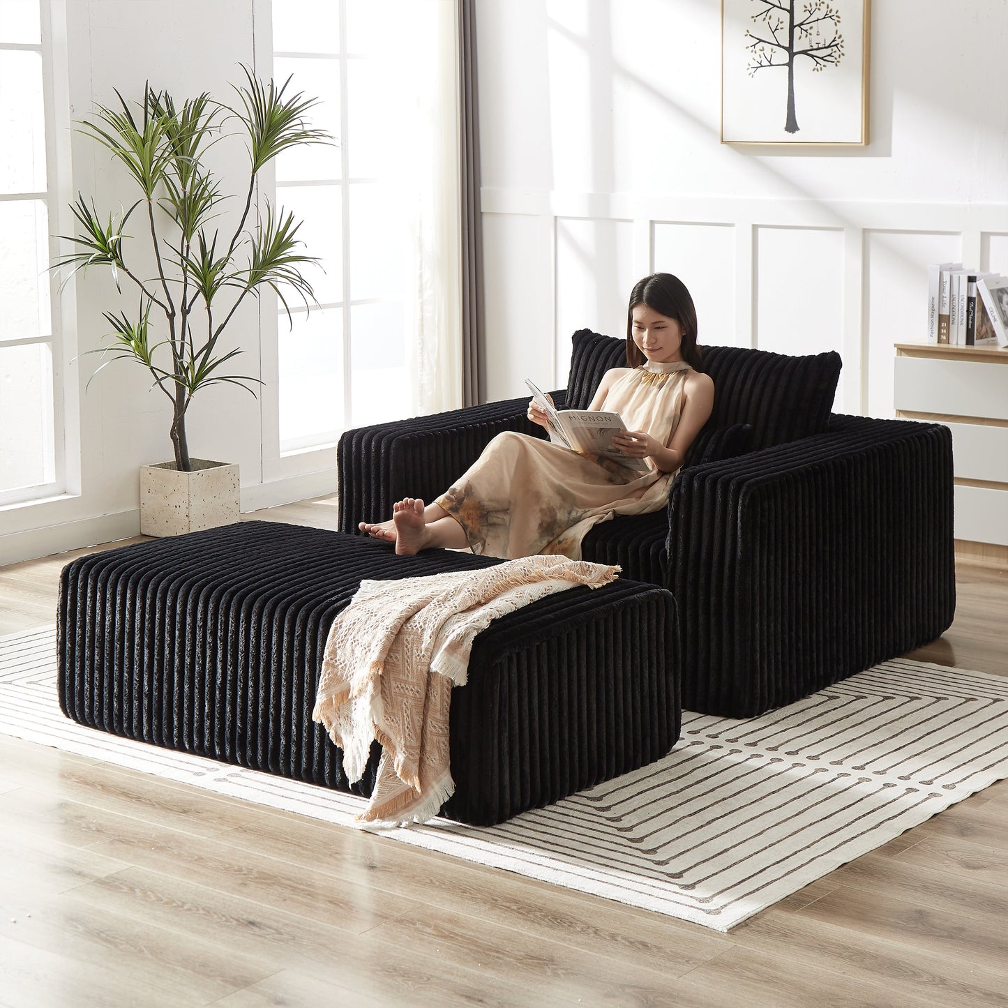 75-Inch Corduroy Sponge Sofa Lounge Chair With Removable Footrest,No Assembly Required,Fluffy Modern Sleeper Chair