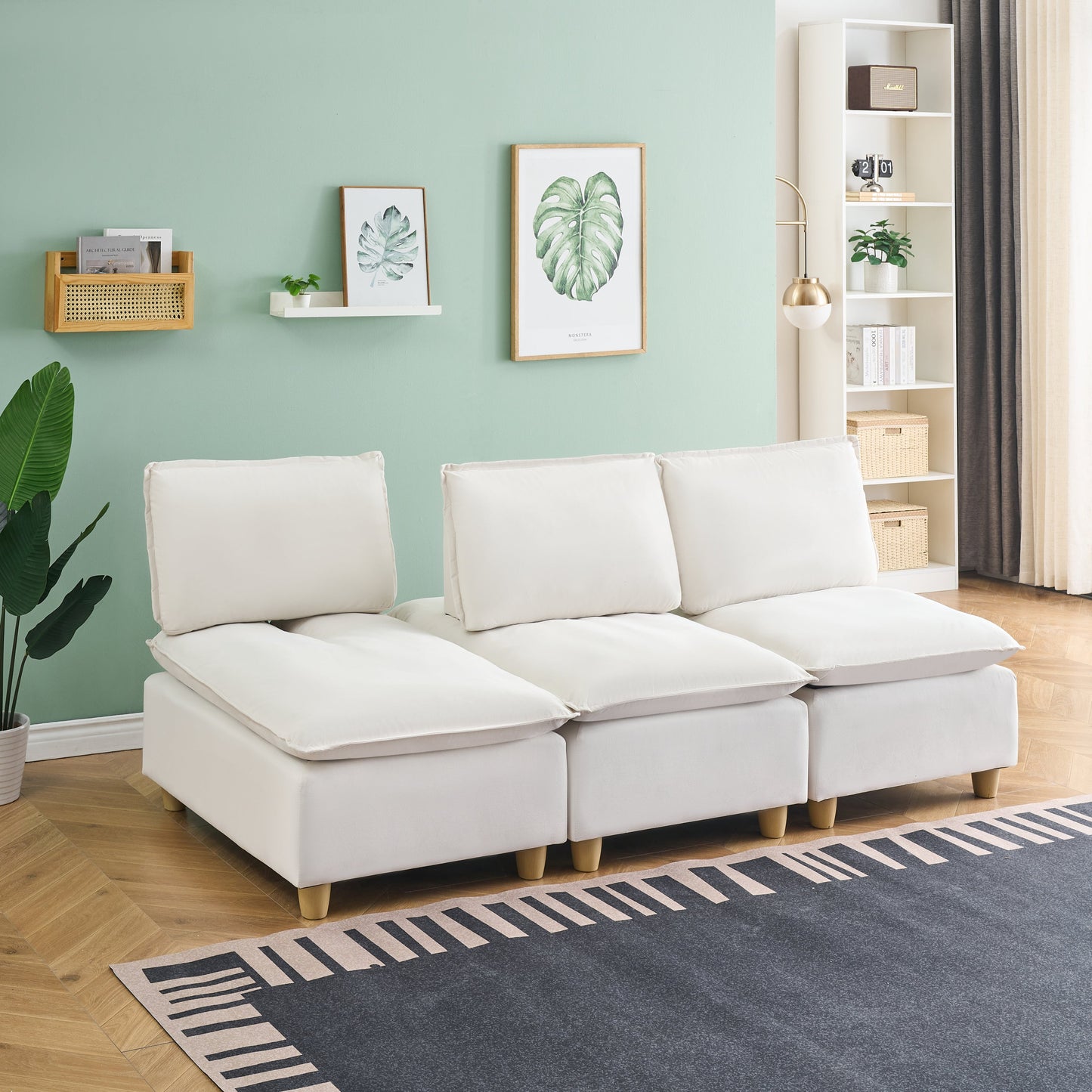 88-Inch Simple, Modern and Ultra-Comfortable Straight-Row Three-Seater Off-White Flannel Sofa Is Suitable for Living Room