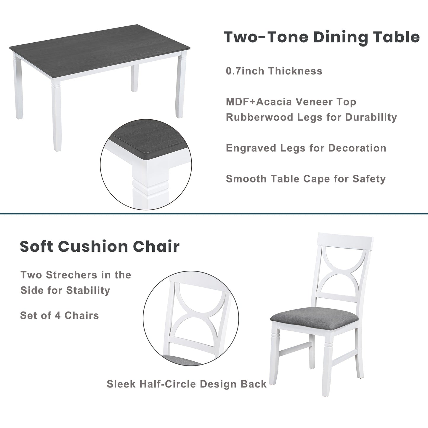 6-Piece Wood Dining Table Set Kitchen Table Set With Upholstered Bench and 4 Dining Chairs, Farmhouse Style,Gray+White